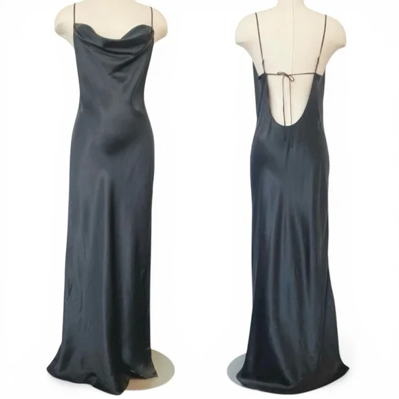 Y2K Victoria’s Secret 100% Silk Smoky Black Vintage Cowl Maxi Gown Slip Dress M - Picture 1 of 6